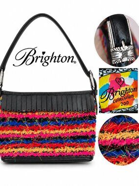 Brighton Leather Bag Colorful Woven Fringe Shoulder Purse Boho Statement Y2K